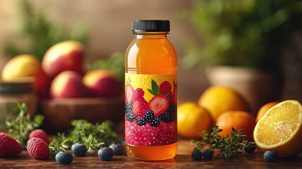 Wall Mural - A bottle of fruit juice with a label showing various fruits, surrounded by fresh fruits on a wooden table.