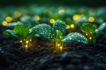 Poster - Young green plants growing in soil with glowing dots on leaves, representing growth and potential.