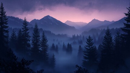 A night sky with stars, over a misty forest and mountains.