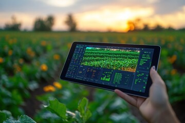 Sticker - A hand holds a tablet displaying agricultural data in a field at sunset.