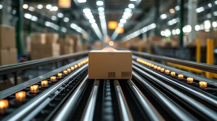 Poster - A single cardboard box moves along a conveyor belt in a factory.