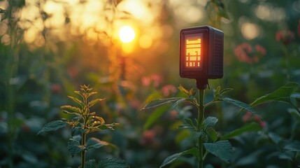 Wall Mural - A small solar-powered LED light illuminates a garden at sunset.