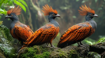 Canvas Print - Three Vibrant Birds Perched on a Mossy Branch in a Lush Tropical Rainforest