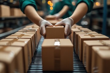 Poster - Workers in a warehouse are packing boxes on a conveyor belt.