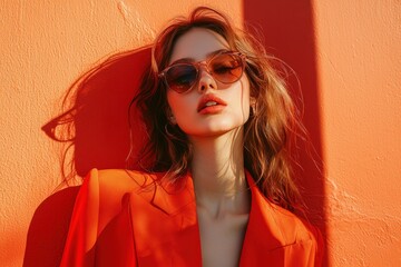 Stylish model posing against a vibrant orange wall