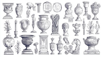 Doodle ancient Roman line stickers, statues and sculptures with vases and antique architectural elements. Vector collection of artwork and monuments.