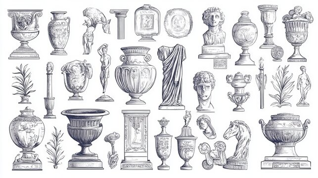 Doodle ancient Roman line stickers, statues and sculptures with vases and antique architectural elements. Vector collection of artwork and monuments.