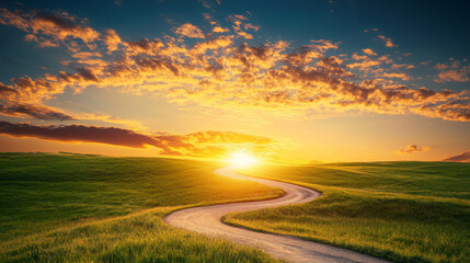 Wall Mural - A bright sunrise illuminates winding road, symbolizing new beginnings and hope. vibrant colors of sky reflect serene and peaceful atmosphere