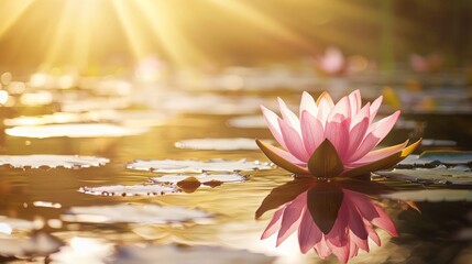 Pink Lotus Flower on Calm Lake at Sunrise