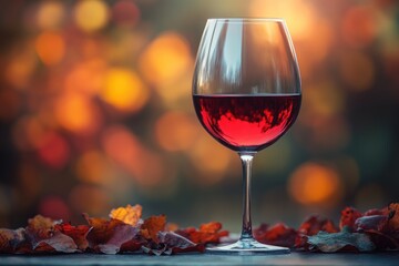 Canvas Print - A glass of red wine with autumn leaves in the foreground and a bokeh of red, orange, and yellow leaves in the background.