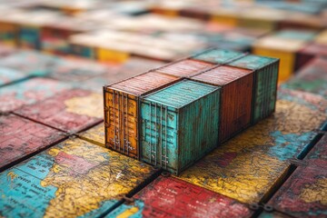 Colorful shipping containers on a vintage map background