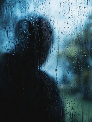 Aufkleber - Raindrops trickle down the glass as a lone individual stands in quiet contemplation, enveloped by shades of grey and blue at dusk. Generative AI