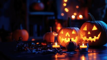 Canvas Print - Halloween themed dark room with lit candles and pumpkins