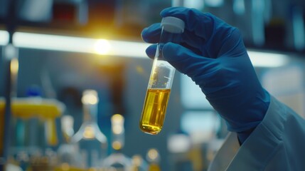 Poster - A scientist is holding a test tube with a yellow liquid in it