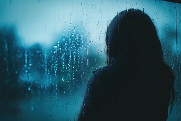 Aufkleber - A figure stands by a window, watching raindrops trickle down, lost in thought amid a backdrop of moody, melancholic hues. Generative AI