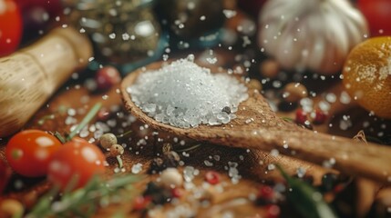 Poster - A spoonful of salt is on a table with other spices and vegetables