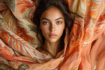 Ethereal portrait of a model wrapped in floral fabric