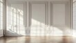 © Elkhan Babayev - Elegant interior with white classic wall panel and light brown wooden floor. Bright background with luxury and elegant molding frames. Realistic 3D vector illustration of home or office design.