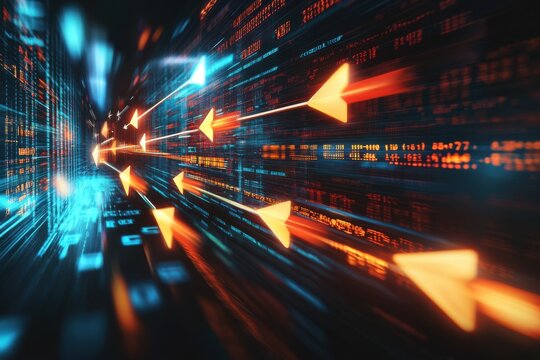 Dynamic digital arrows illustrating data flow and movement
