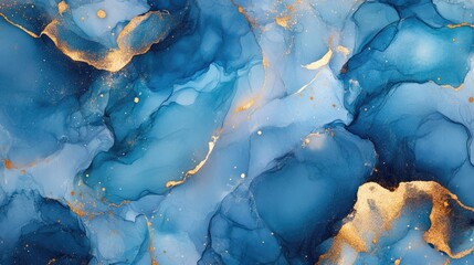 Wall Mural - Abstract alcohol ink texture in shades of blue with hints of golden splashes