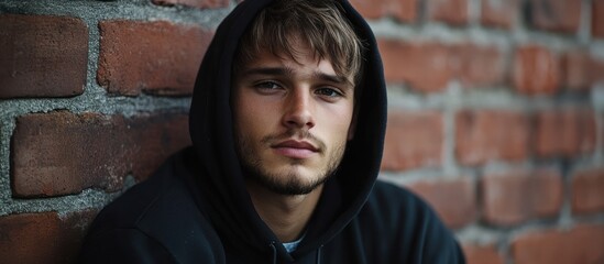 Sticker - Young man in a black hoodie leans against a brick wall with a serious expression.