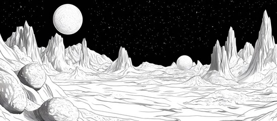 Wall Mural - Alien fantasy landscape featuring large craters designed as a coloring page for adults Unique psychedelic graphic art in 2d style with a hand drawn minimalist aesthetic