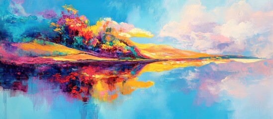 Abstract surrealistic landscape painting featuring vibrant colors and reflections set against a sky blue background Large hand painted modern art piece