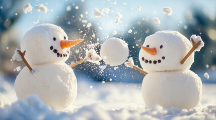 A cheerful snowman family enjoying a winter day in the park, with festive hats and scarves. Celebrating the holiday season, surrounded by snowflakes, banner/winter/web/design