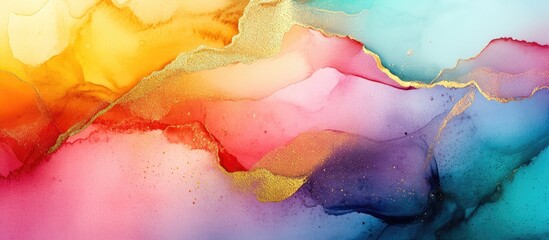 Wall Mural - Abstract luxury composition featuring rainbow hues watercolor landscapes fluid textures alcohol ink designs and kintsugi style art elements