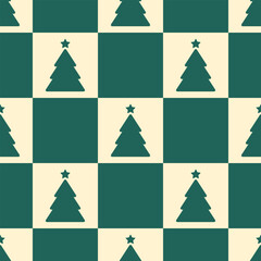 Sticker - Beige christmas trees on green checkered background. Vector seamless pattern. Best for textile, wallpapers, wrapping paper and seasonal decoration.