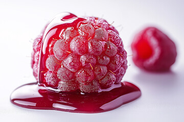 Close up of candied raspberry with syrup dripping, showcasing its vibrant red color and texture. sweet, glossy syrup enhances raspberrys appeal, creating delicious visual treat