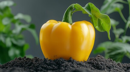 Yellow bell pepper vegetable on soil organic houseplant botanical gardening