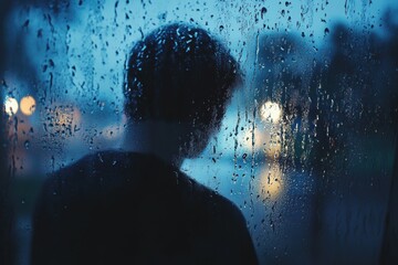 Aufkleber - A figure stands by a rain-soaked window, lost in contemplation as raindrops flow down the glass, evoking feelings of solitude and introspection. Generative AI