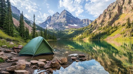 Vibrant daytime setting featuring a green tent near a crystal-clear lake with majestic mountain peaks in the background.