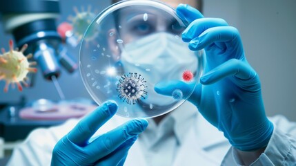 Poster - A scientist is holding a glass slide with a virus on it