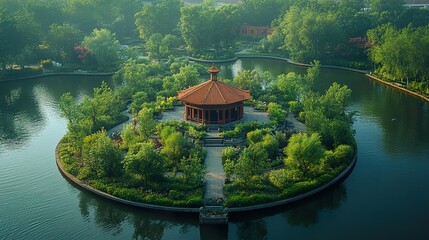 Sticker - Serene Chinese Garden with a Pavilion on an Island