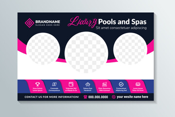 Poster - luxury pools and spas horizontal posters banner design template.circle shape for photo space. infographic with text and icon. combination purple and pink colos on element isolated on white background.