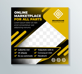 Poster - online marketplace for all parts social media post banner template design. the poster design with space for photo collage use yellow and white on element. square layout with black background.