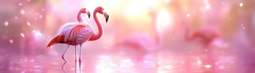 Flamingos standing in a pink lake