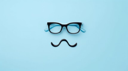 Black Glasses and Mustache on Blue Background