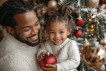 Portrait of a father and daughter decorating a Christmas tree. Christmas concept. Happy family decorating christmas tree