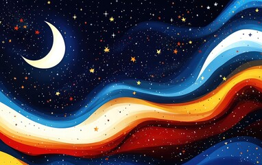 Wall Mural - Abstract background with stars and a moon, vector illustration on a white background. Blue, red, and yellow color waves with a night sky full of stars. .