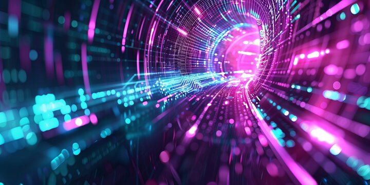Abstract digital tunnel with bright neon lights illustrating motion through a vibrant, colorful environment at night
