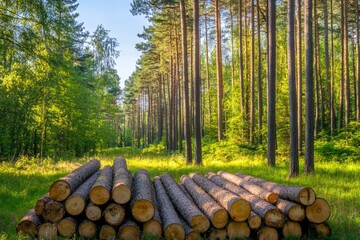 A dense forest filled with tall pine and spruce trees, featuring a large pile of freshly cut log trunks neatly stacked, symbolizing the logging timber wood industry. The scene is illuminated by soft, 