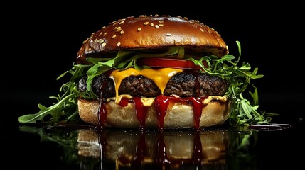 Wall Mural - Detailed photo of an enormous hamburger with ketchup and mustard dripping, on a black background, advertising photography, studio lighting, food photography, delicious juicy burger, salad leaves