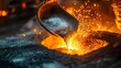 © Teeranan - A close-up of molten metal flowing from a ladle into a precisely shaped mold in a foundry, capturing the intense heat and energy of the industrial production process, with sparks flying in the