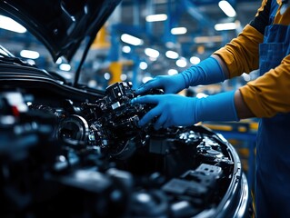 A mechanic works on an engine in an automotive workshop, focused on repair with a modern environment and blue gloves for safety.