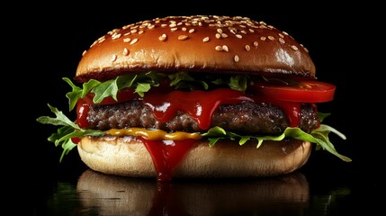 Detailed photo of an enormous hamburger with ketchup and mustard dripping, on a black background, advertising photography, studio lighting, food photography, delicious juicy burger, salad leaves