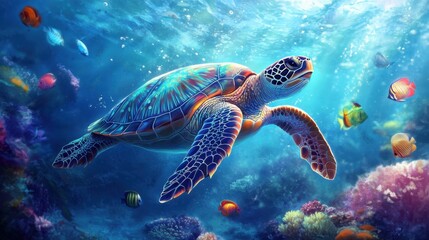 An underwater view of a sea turtle swimming gracefully through the deep blue waters, surrounded by colorful fish.