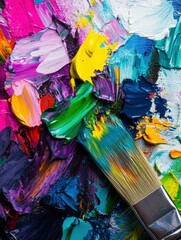 Poster - Bright splashes of color adorn a palette, while a brush captures intricate abstract designs on the canvas in a creative workspace. Generative AI